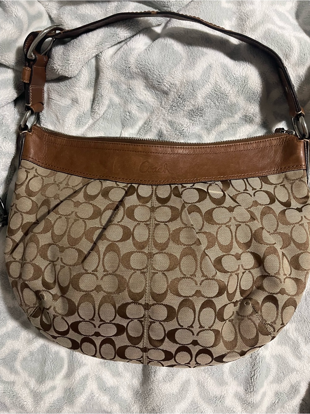 Coach Tan Signature Canvas Shoulder Bag with Brown Leather Trim